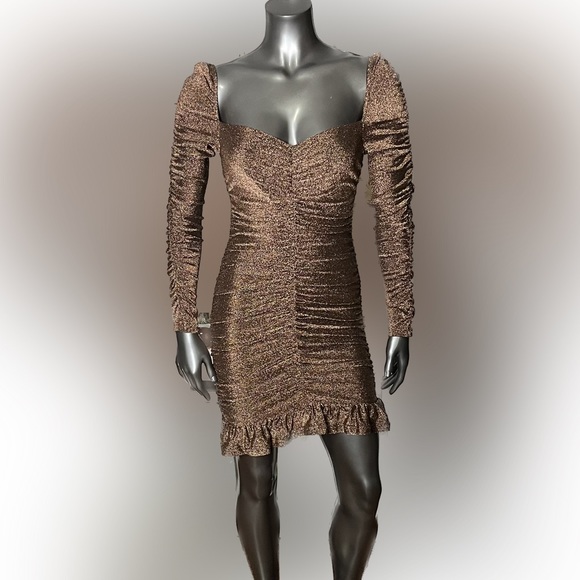NWT Privy Brown Metallic Ruched Puff Long Sleeve Sweetheart Dress Size S - Picture 1 of 5